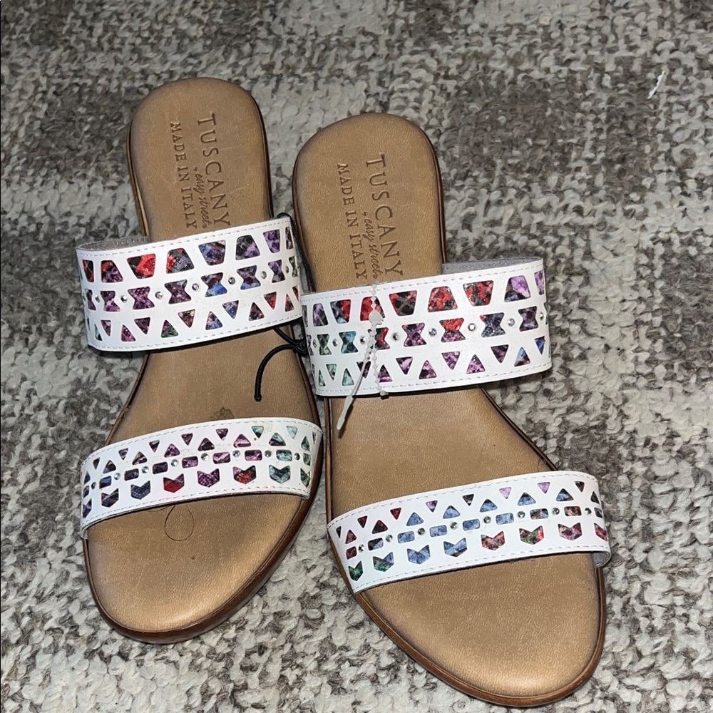 Women's White Sandals with Multicolor Accents